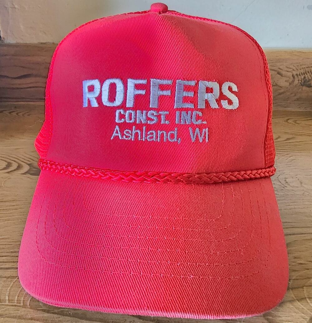 KC Trucker Hat Roffers Const Inc Ashland WI Men's OSFA Neon Red Snapback